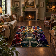 football rivalry helmet lineup area rug displayed in a living room