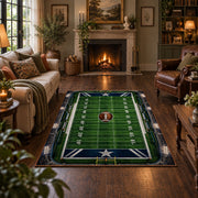 classic football field design area rug displayed in a living room