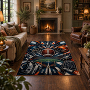 football helmet action collage area rug displayed in a living room