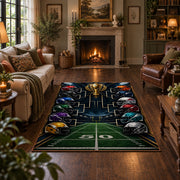 football playoff bracket design area rug displayed in a living room