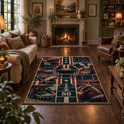 vintage football field collage area rug displayed in a living room
