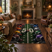football helmet sideline design area rug displayed in a living room