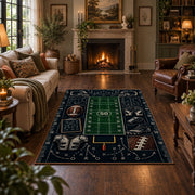 football playbook chalkboard design area rug displayed in a living room