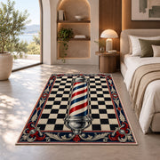 classic barber pole checkered rug in a bedroom with an arched window