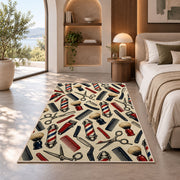 barber tools pattern rug in a bedroom with an arched window
