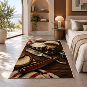 straight razor and shaving brush rug in a bedroom with an arched window