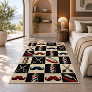 checkered barbershop icons rug in a bedroom with an arched window
