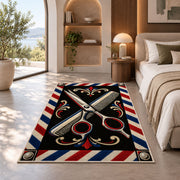 crossed scissors and comb rug in a bedroom with an arched window