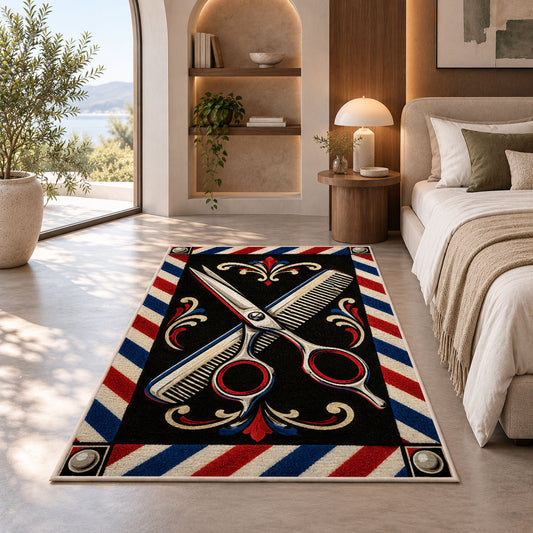 crossed scissors and comb rug in a bedroom with an arched window