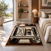 barber tools flat lay rug in a bedroom with an arched window
