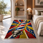 pop art barber pole rug in a bedroom with an arched window