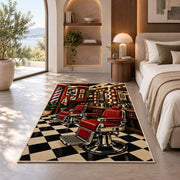 barbershop interior rug in a bedroom with an arched window