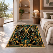art deco barber rug in a bedroom with an arched window