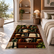 vintage shaving shelf rug in a bedroom with an arched window