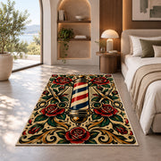 tattoo style barber pole rug in a bedroom with an arched window