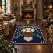 patriotic baseball gear area rug displayed in a living room