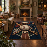 crossed baseball bats and diamond field area rug displayed in a living room