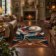 geometric baseball strike design area rug displayed in a living room