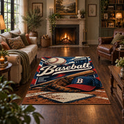 classic baseball typography collage area rug displayed in a living room