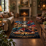 baseball action collage area rug displayed in a living room