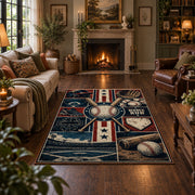 baseball blueprint equipment grid area rug displayed in a living room