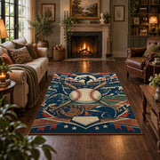 baseball glove and ball collage area rug displayed in a living room