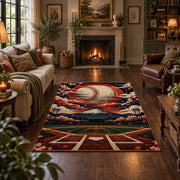 sunset baseball diamond scene area rug displayed in a living room