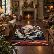 baseball pitcher action design area rug displayed in a living room
