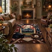 ballpark baseball gear scene area rug displayed in a living room