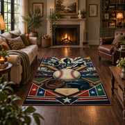 crossed bats baseball emblem area rug displayed in a living room