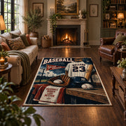 vintage baseball clubhouse collage area rug displayed in a living room