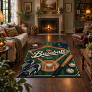 green baseball glove emblem area rug displayed in a living room