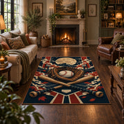 baseball glove crest collage area rug displayed in a living room
