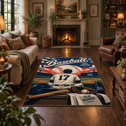 vintage baseball player poster area rug displayed in a living room