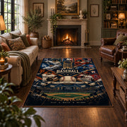 night stadium baseball collage area rug displayed in a living room
