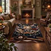 vintage baseball gear collage area rug displayed in a living room