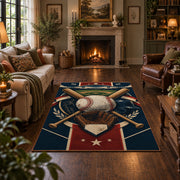 home plate baseball emblem area rug displayed in a living room