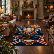 colorful baseball pennant patchwork area rug displayed in a living room
