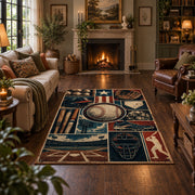 baseball stadium blueprint collage area rug displayed in a living room