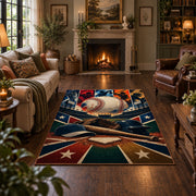 dynamic baseball action collage area rug displayed in a living room