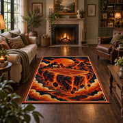 Fire themed basketball rug in a living room