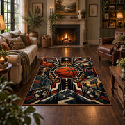 Mechanical Basketball Hoop Rug displayed in a living room