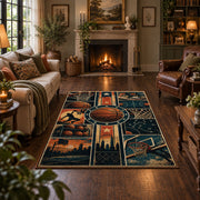 City Skyline Basketball Rug displayed in a living room