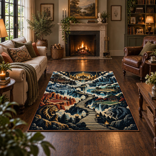 Mountain Basketball Court Rug displayed in a living room