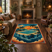 Tropical Island Basketball Court Rug displayed in a living room