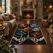 Cosmic Bridge Basketball Rug displayed in a living room