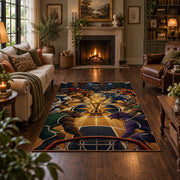 Golden Basketball Court Rug displayed in a living room