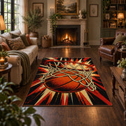 Exploding Basketball Hoop Rug displayed in a living room