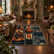 Neon City Basketball Collage Rug displayed in a living room