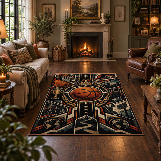 Mechanical Basketball Emblem Rug displayed in a living room
